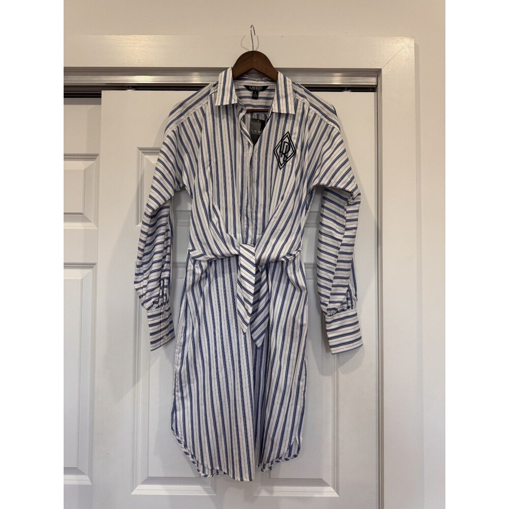 NWT Ralph Lauren Womens 8 White Stripe Tie Button Up Shirttail Broadcloth Dress
